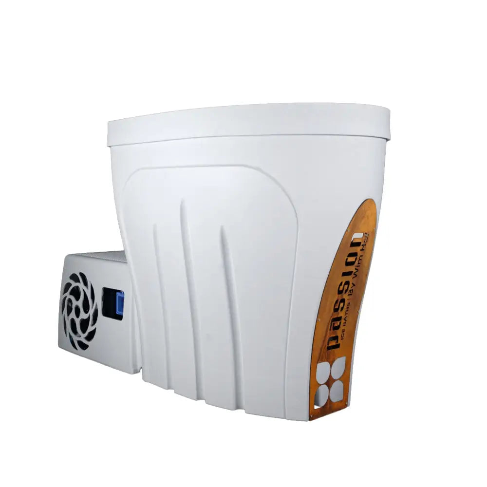 White plastic passion brand nail dryer with sleek ribbed design and orange accent panel in passionspa wim hof ice revive isbad collection